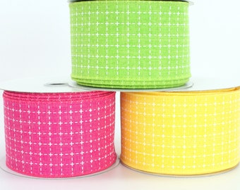 10 yards Raised Stitch Squares Wired Ribbon -  2.5" Wired Ribbon, 3 Color Options, Easter Ribbon, Spring Ribbon