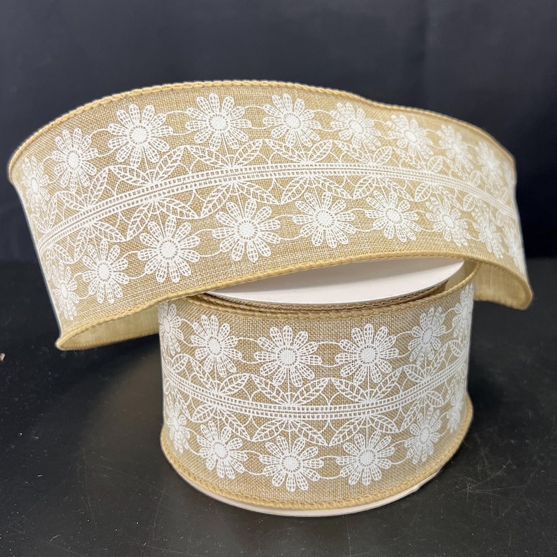 10 Yards Natural Floral Lace Design Wire Edge Ribbon - Spring Ribbon ...