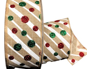 Natural Diagonal Stripe Sparkle Dots Christmas Wired Ribbon -  Christmas Ribbon, Wired Ribbon, 2.5" wide ribbon