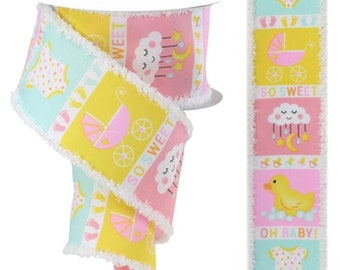 10 yards Baby Blocks Wire Edge Ribbon - Girl Baby Ribbon, Boy Baby Ribbon, Ribbon for Wreaths, Wired Ribbon