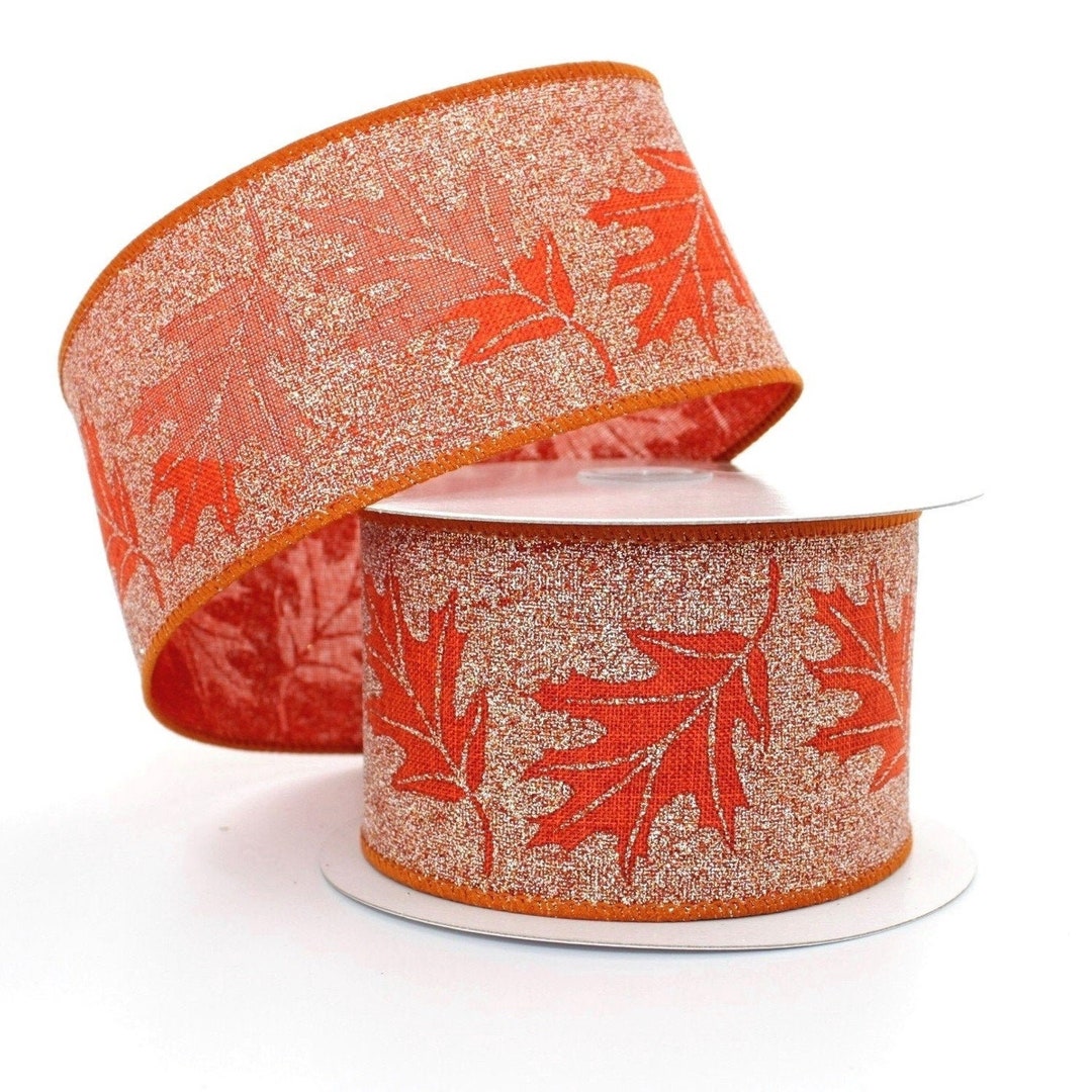 10 Yards Burnt Orange Sparkle Fall Leaves Wired Ribbon - Ribbon for ...
