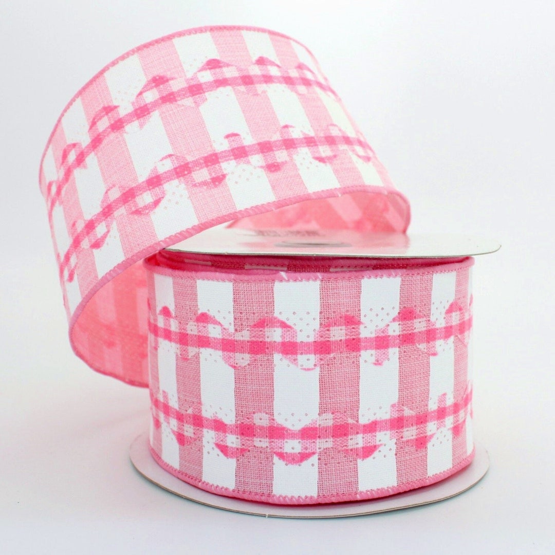 10 Yards Pink Gingham Ric Rac Stripe Wired Ribbon - Easter Ribbon, Baby ...
