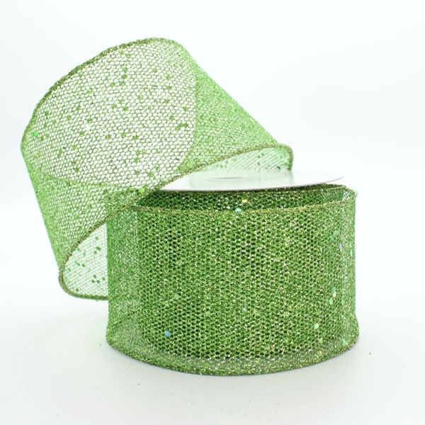 10 yards Green Sparkle Mesh Wired Ribbon - Christmas Ribbon, Ribbon for Wreaths, Ribbon by the Roll, Lime Green Ribbon