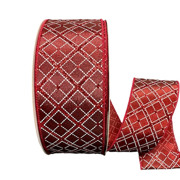 Burgundy Red Sparkle Diagonal Diamond Christmas Wired Ribbon -  Red Christmas Ribbon, Wired Ribbon, 2.5" wide ribbon