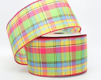 Yellow Lime Fuchsia Montana Plaid Wired Ribbon - Ribbon for Wreaths, Easter Ribbon, Wired Ribbon