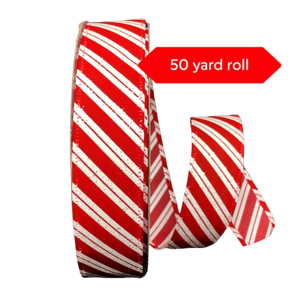 50 yards Candy Cane Diagonal Stripe Christmas Wired Ribbon -  Candy Cane Ribbon, Wired Ribbon, 1.5" wide ribbon