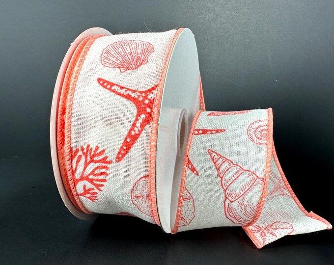 10 Yards Ivory Coral Beach Icons Wired Ribbon - Tropical Ribbon, Beach ...
