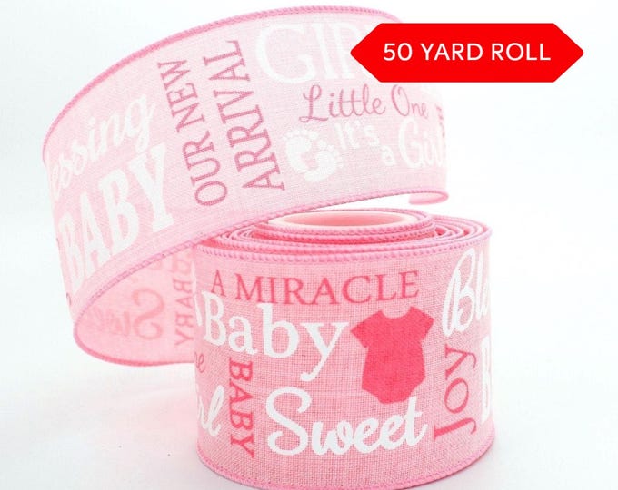 50 Yards Pink Baby Girl Script Wired Ribbon - Baby Ribbon, Wired Ribbon ...