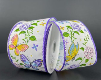 10 yards Lavender Butterfly Hydrangea Wired Ribbon - Butterfly Ribbon, Hydrangea Wired Ribbon, Spring Ribbon
