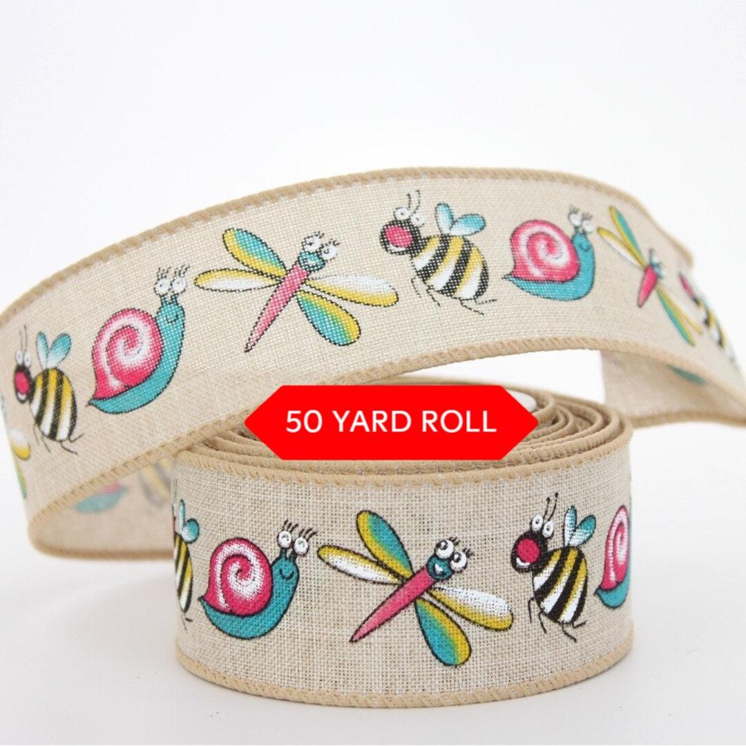 50 Yards Whimsical Garden Bugs Natural Wired Ribbon - Wired Ribbon ...