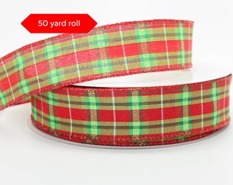 50 yards Red Lime Green Christmas Plaid Wired Ribbon - Christmas Ribbon, Plaid Christmas Ribbon, Ribbon for Wreaths