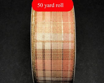 50 yards Rose Gold Plaid Christmas Wired Ribbon - Plaid Wired Ribbon, Wired Ribbon, 2.5" wide ribbon