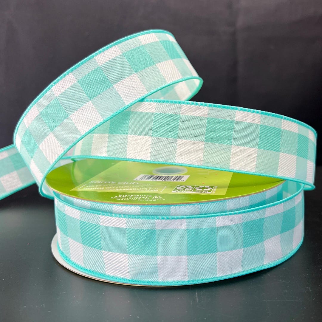 50 Yards Aqua White Plaid Wired Ribbon - Plaid Ribbon, Ribbon for ...