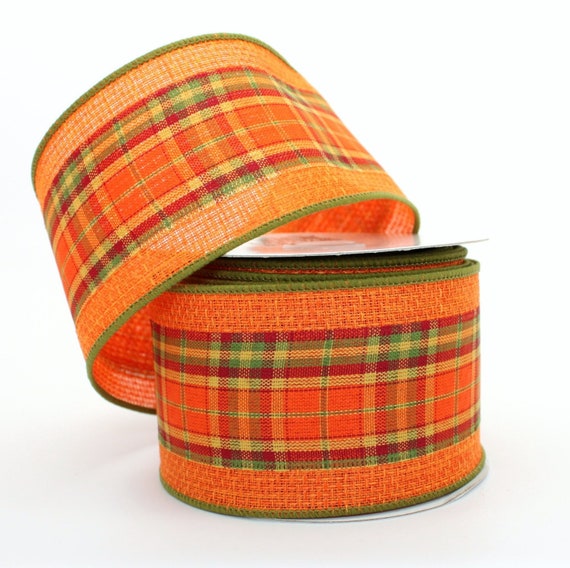 10 yards Fall Plaid Orange Burlap Wired Ribbon - 2.5" wide Ribbon, Plaid Fall Wired Ribbon, Fall Ribbon, Wired Ribbon Il_570xn