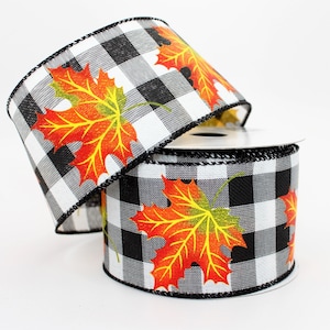 10 yards Buffalo Plaid Maple Leaf Fall Wired Ribbon - Fall Wired Ribbon, Ribbon for Wreaths, Fall Ribbon, Wired Ribbon