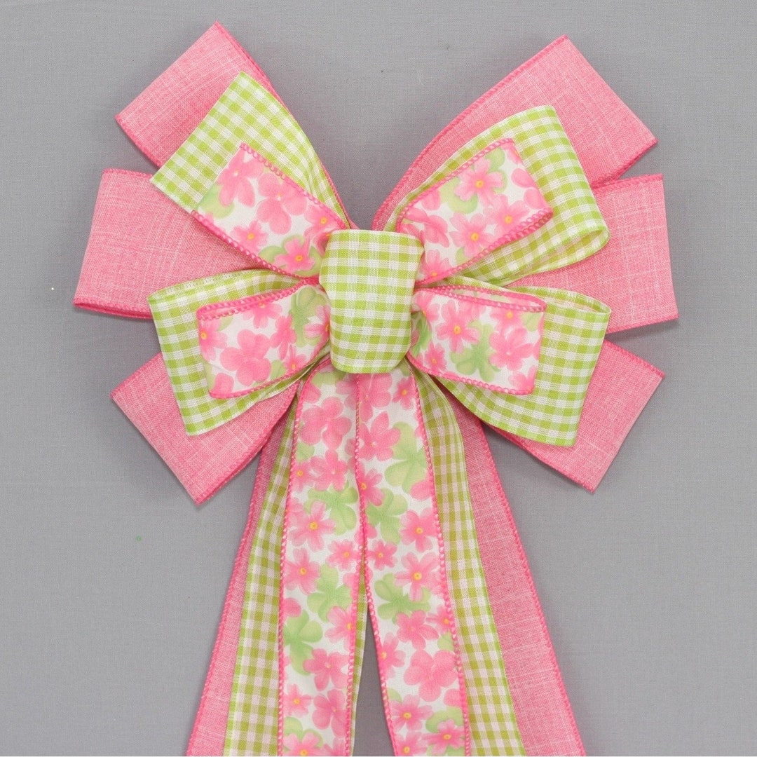 Pink Floral Green Gingham Spring Wreath Bow - Spring Wreath Bow, Easter ...