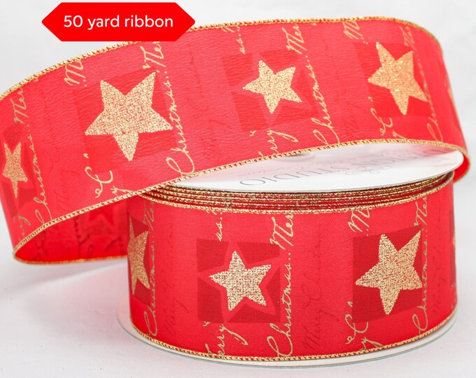 50 Yards Merry Christmas Star Wired Ribbon - Merry Christmas Ribbon ...