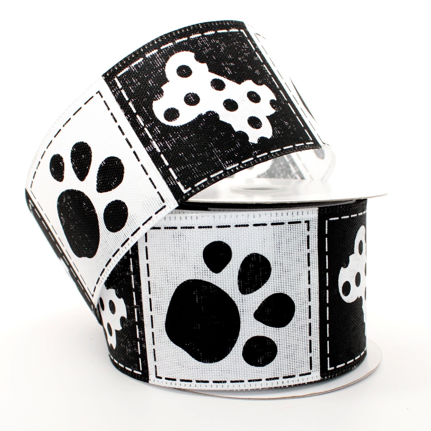 Paw print ribbon in black and white for pet gifts printed on 7/8 white  satin