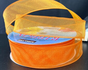 50 yards Orange Sheer Stripe Wire Edge Ribbon - 1.5" wide ribbon, Kirkland Ribbon