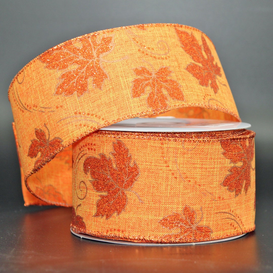 20 Yards Orange Sparkle Fall Leaves Wired Ribbon Ribbon for Wreaths