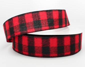 Red Black Buffalo Brushed Plaid Christmas Wired Ribbon - Buffalo Plaid Ribbon, Flannel Plaid Ribbon