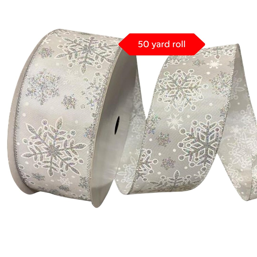 50 Yards White Silver Sparkle Snowflake Christmas Wired Ribbon - 2.5 ...