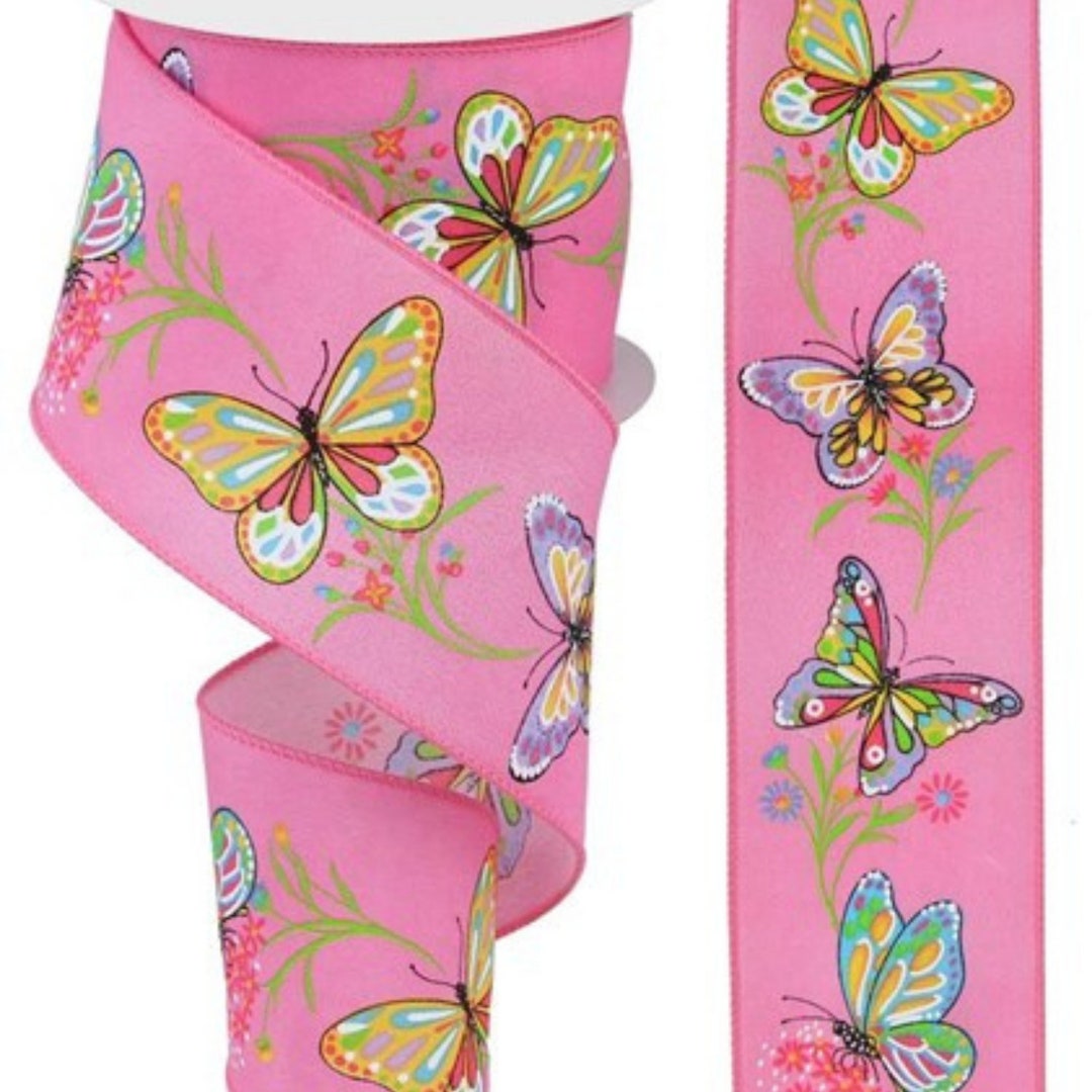 10 Yards Pink Buttferfly Branches Spring Wired Ribbon - 2.5