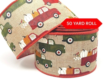50 yards Natural Rustic Fall Trucks Pumpkins Wired Ribbon - Fall Trucks Ribbon, Ribbon for Wreaths, Fall Wreath Ribbon, Fall Ribbon