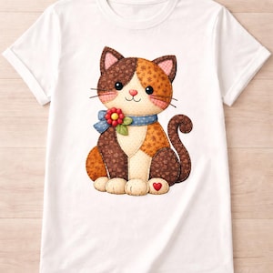 May include: White t-shirt featuring a colorful cartoon cat design. The cat has brown and orange patches, a blue scarf, and a red flower. A heart is on the cat's paw. The design is centered on the shirt.