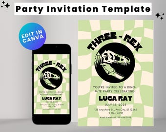 May include: A green and white checkered background with a black circle containing a dinosaur skeleton. The text "THREE-REX" is written in black around the circle. The text "YOU'RE INVITED TO A DINO-MITE PARTY CELEBRATING LUCA RAY JULY 15, 2025 123 Anywhere St., Any City, ST 12545 2 PM - 4 PM RSVP EMMA AT 123-456-7890" is written in black below the circle.