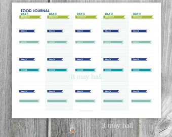 5 Day Food Journal Diary Instant Download Printable Organize Eat Healthy PDF Blue Green