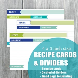 Recipe Cards and Dividers Digital Printable Navy Blue Spring Green Turquoise DIY