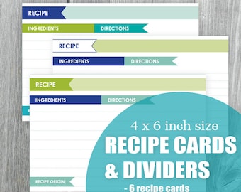 Recipe Cards and Dividers Digital Printable Navy Blue Spring Green Turquoise DIY