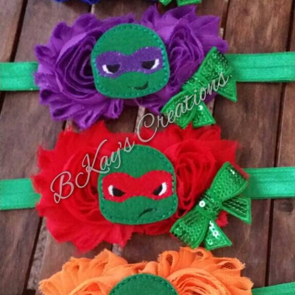 Teenage Mutant Ninja Turtle Chiffon Flower Headband, Shabby Flower, Donatello, Raphael, Michelangelo, Leonardo