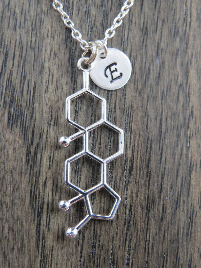 personalized testosterone necklace, Testosterone molecule necklace with hand stamped initial