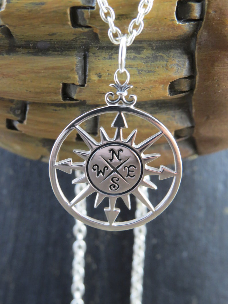 travel necklace Sterling Silver compass necklace nautical jewelry, travel jewelry