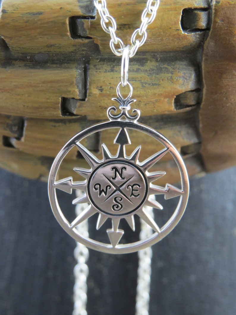 travel necklace Sterling Silver compass necklace nautical jewelry, travel jewelry