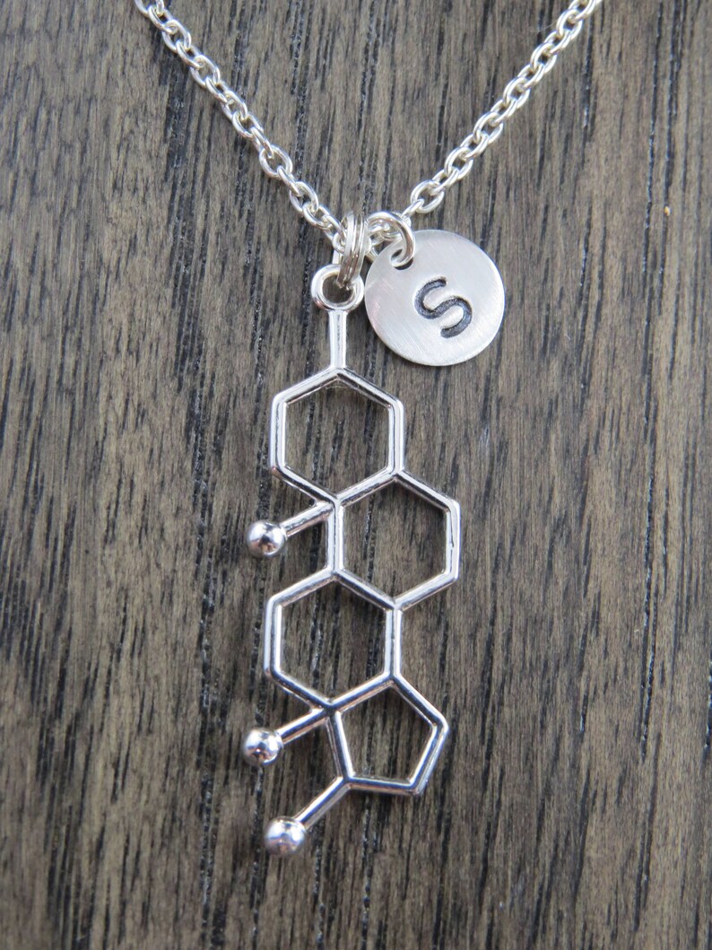 personalized testosterone necklace, Testosterone molecule necklace with hand stamped initial