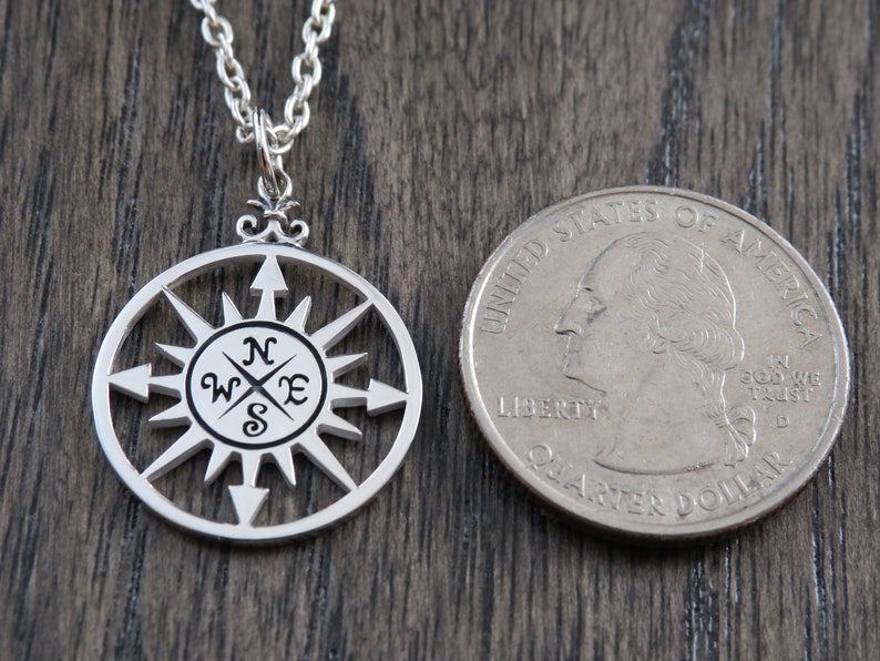 travel necklace Sterling Silver compass necklace nautical jewelry, travel jewelry