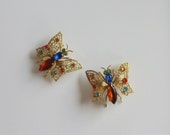 Two Art Deco Era Czech Butterly Pins, Vintage Rhinestone & Brass Filigree Butterflies, 1920s, Signed Czechoslovakia, Scatter Pins