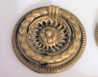 Vintage 1-3/4&quot; Small Round Colonial Revival Antique Brass Ring Pull