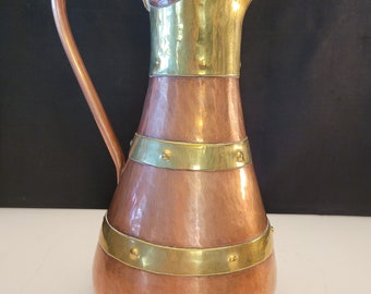 French Copper Jug - Brass French Jug - Brass Pitcher - Copper Pitcher with Brass Bands - Circa 1930s