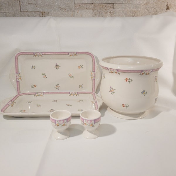 Vintage Laura Ashley "Alice" 1988-Trays-Planter-Egg Cups-Platter-Coffee Pot-Mugs-Creamer-Sugar Bowl-England-Porcelain-RARE