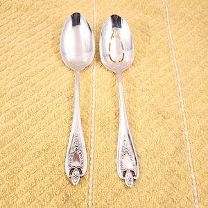 Puede incluir: Dos cucharas plateadas para servir con diseños florales ornamentados en los mangos. Una cuchara es sólida y la otra tiene un diseño ranurado. Las cucharas se muestran sobre una superficie amarilla texturizada.