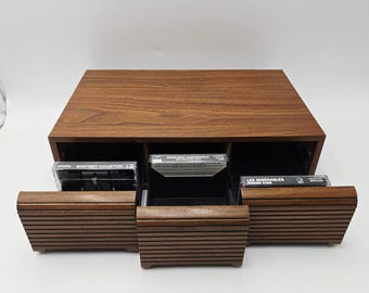 Vintage Cassette Tape Storage Drawers (holds 36 tapes) Stackable-MCM Woodgrain-Taiwan