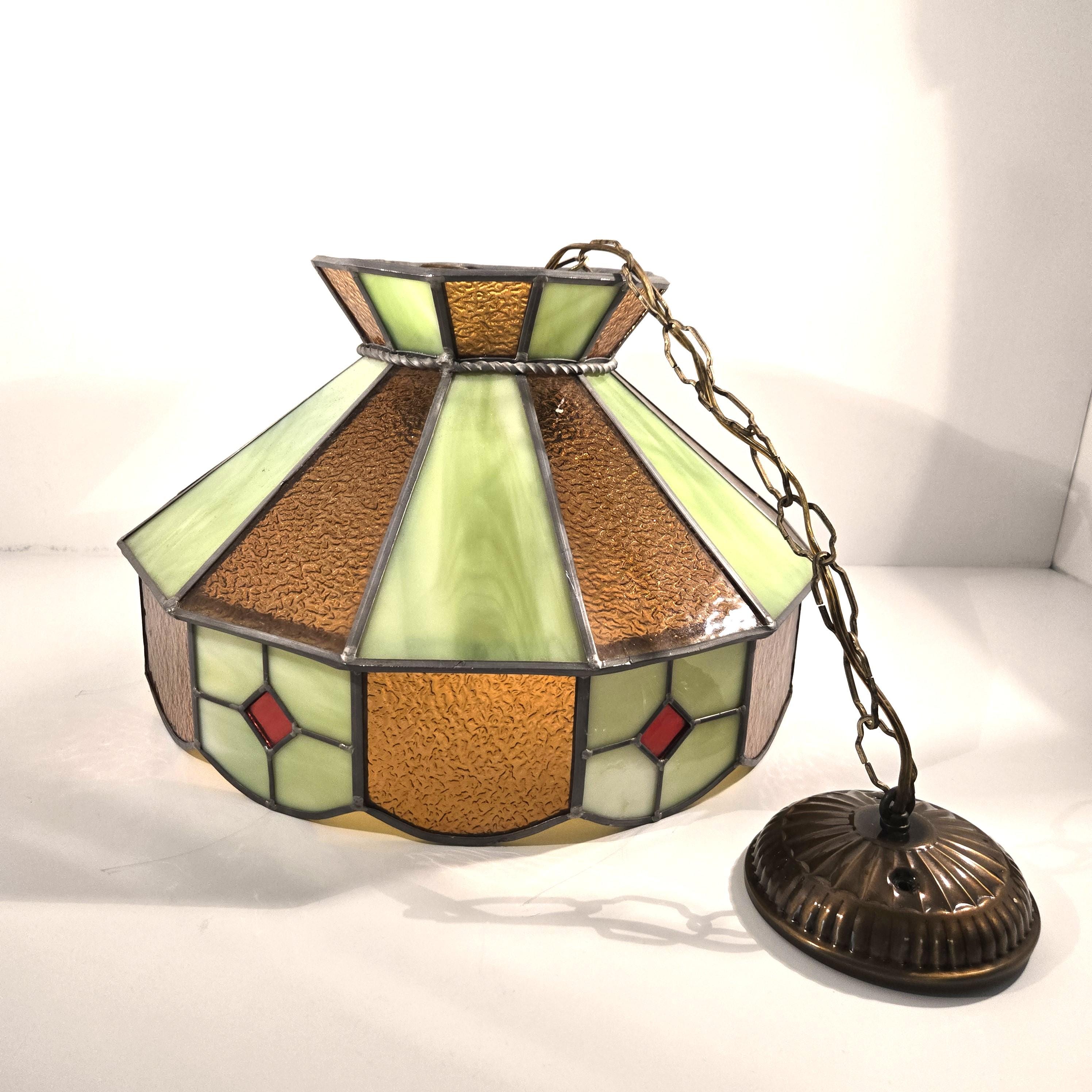 Vintage 70s Stained Glass Hanging Swag Lamp Light Green and Amber