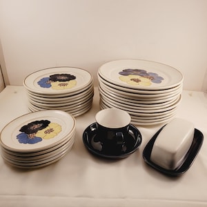 Discontinued Denby "Potpourri" dinner-lunch-dessert-plates-cups and saucers-butter dish