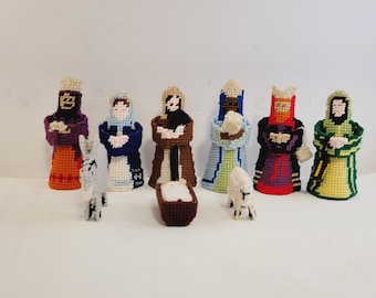 Needlepoint Nativity Set-10 pieces-Wisemen-Mary-Joseph-Jesus-Donkey-Sheep-Cradle-Handmade-Christmas