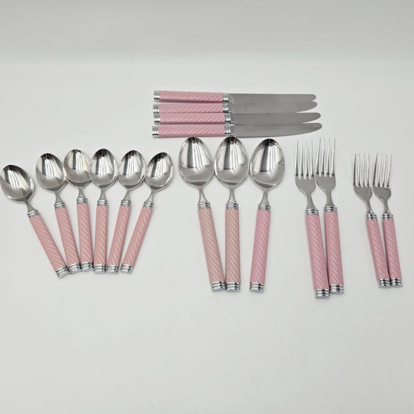 Cubiertos Mikasa Laslo de acero inoxidable 18-8, Japón, rosa, años 80