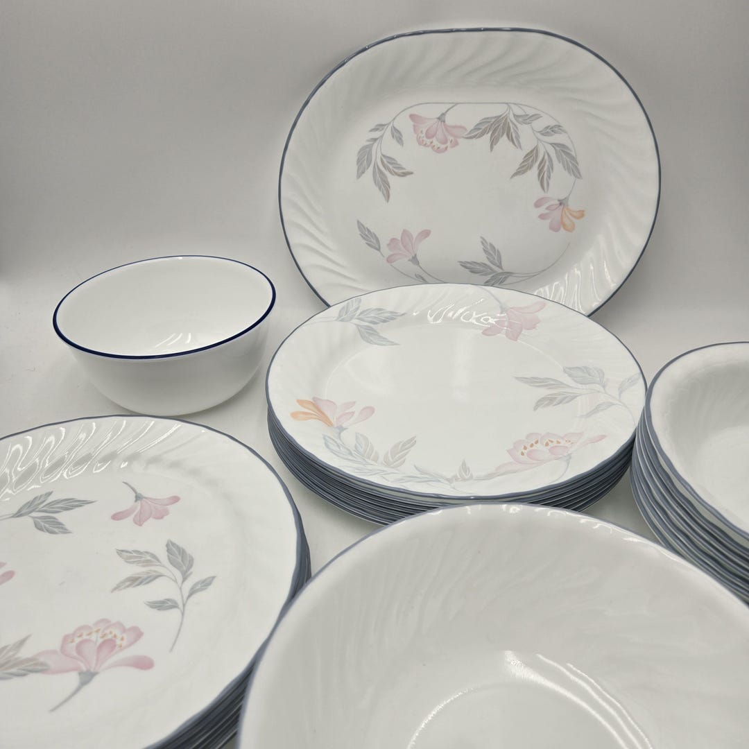 Corelle Pink Pattern Corelle Pink Trio Blossom-discontinued-floral-pink Blue Gray Swirl - Etsy